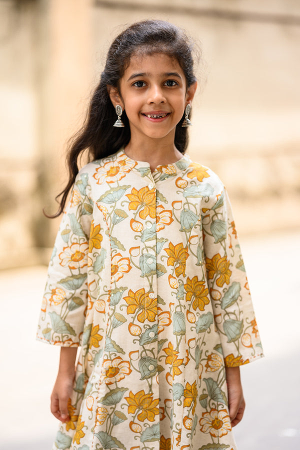 Blue And Yellow Floral Embellished Cotton Girl's Kurti