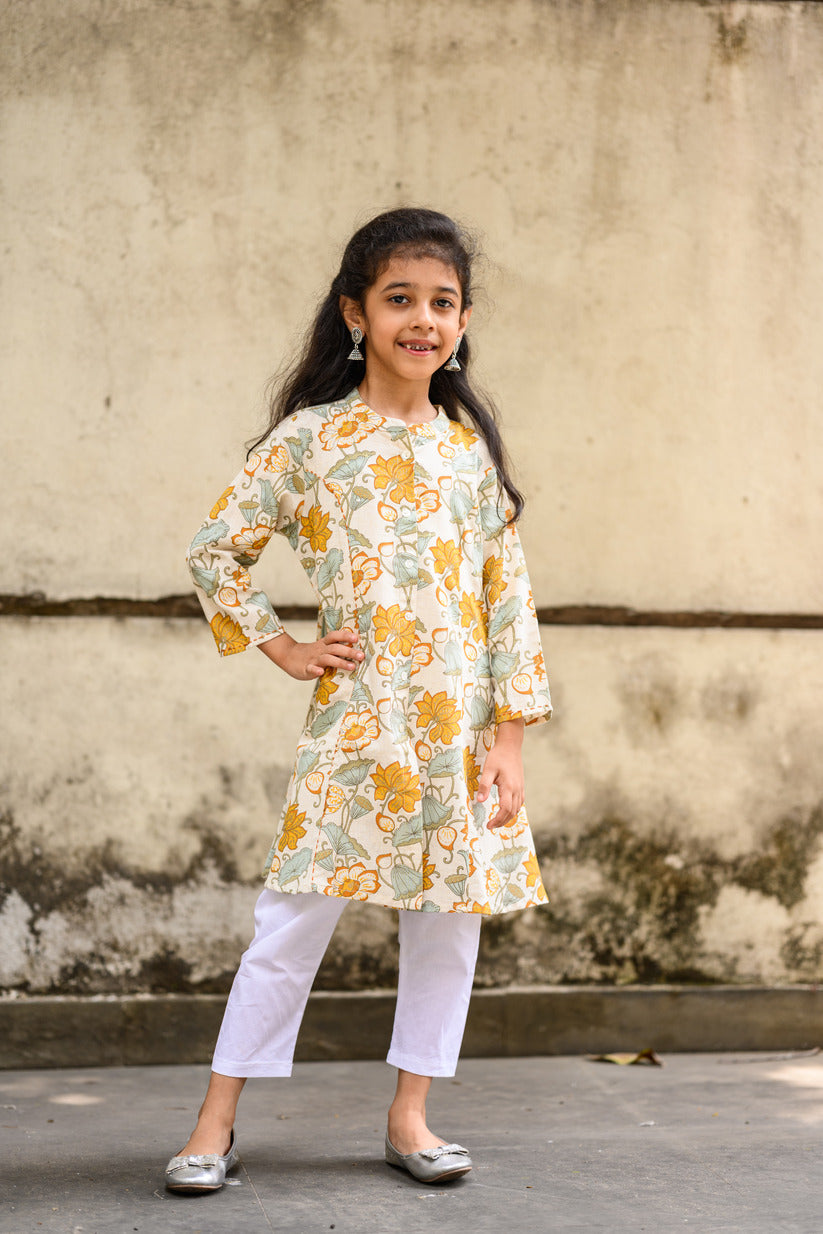 Blue And Yellow Floral Embellished Cotton Girl's Kurta