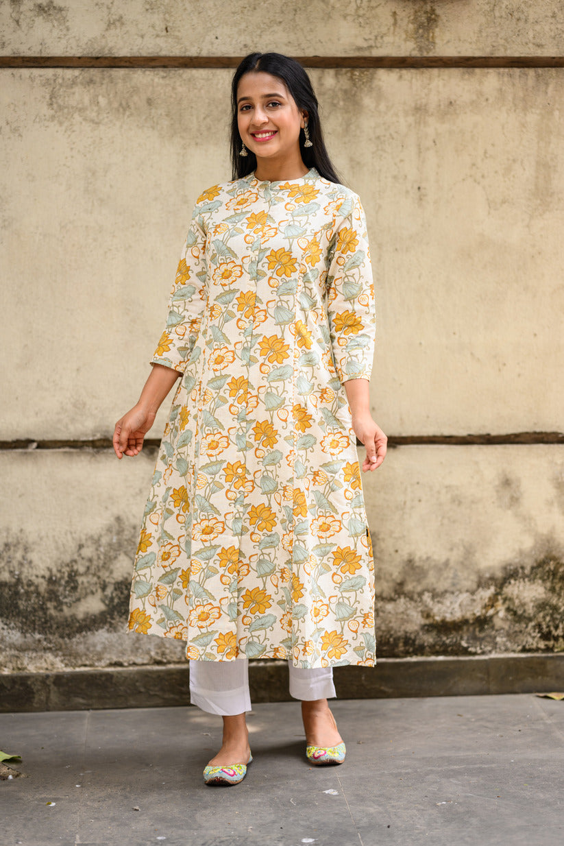 Buy FASHOR Floral Printed Kurta with Pants - Mustard (Set of 2) online