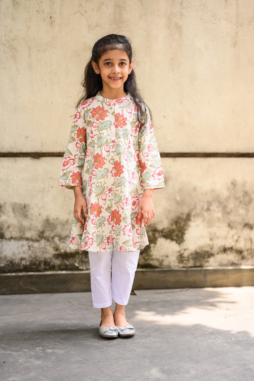 Blue And Pink Floral Embellished Cotton Girl's Kurti