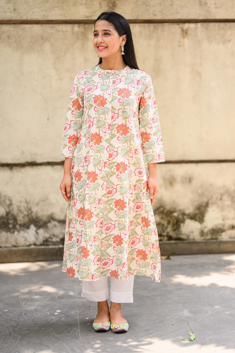 Blue And Pink Floral Embellished Cotton Kurta