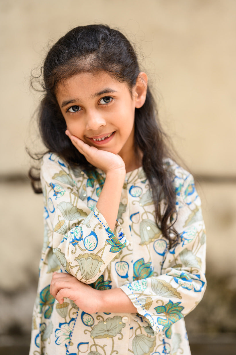 Blue Floral Embellished Cotton Kurta