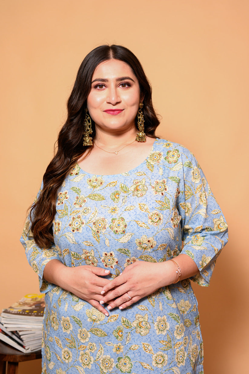 Sky Blue and Yellow Floral Printed Cotton Kurti