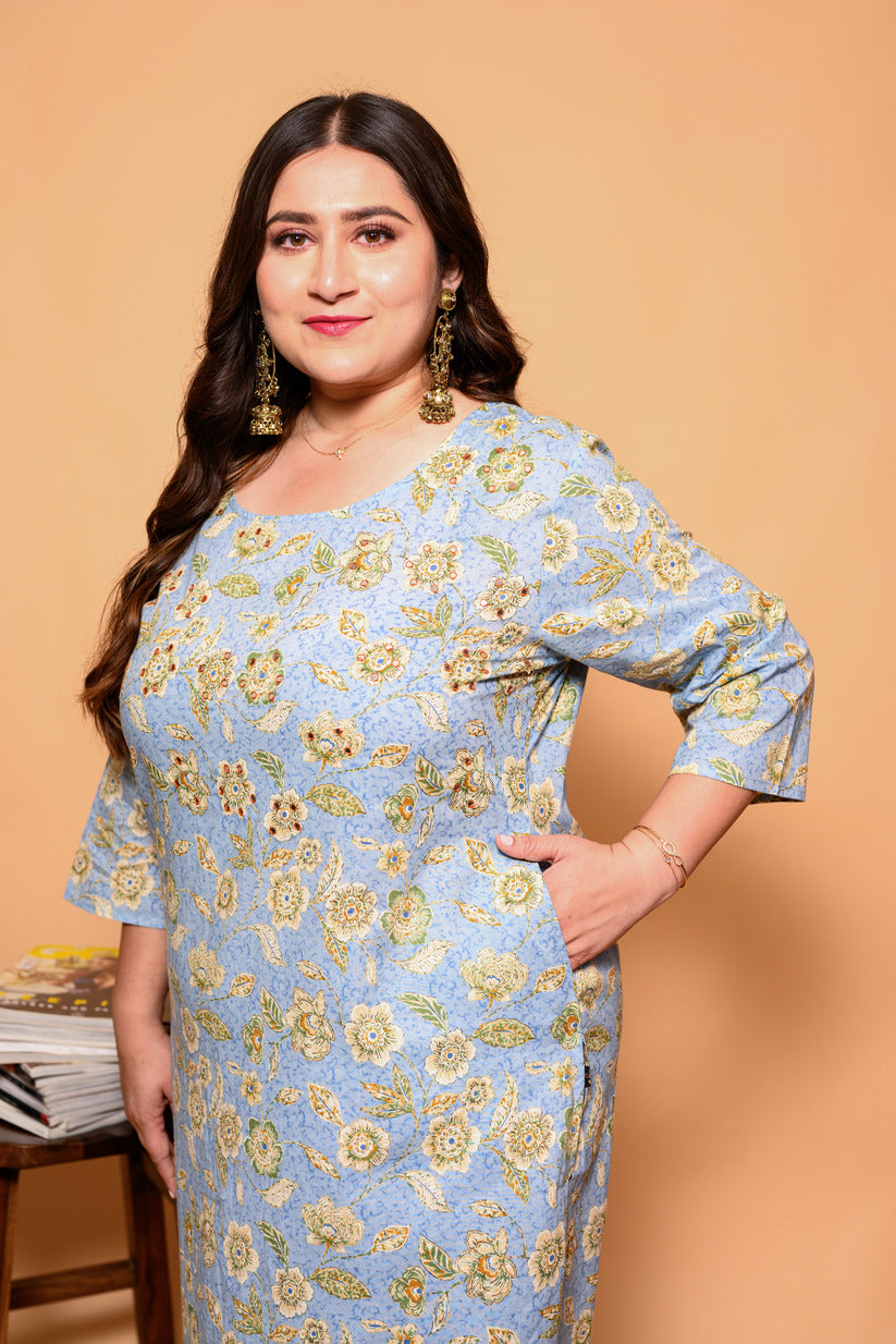 Sky Blue and Yellow Floral Printed Cotton Kurti