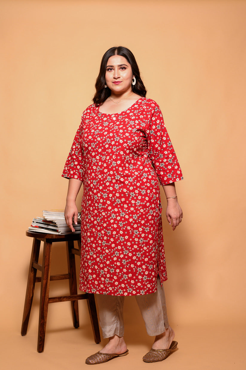 Red and White Small Floral Printed Cotton Kurti