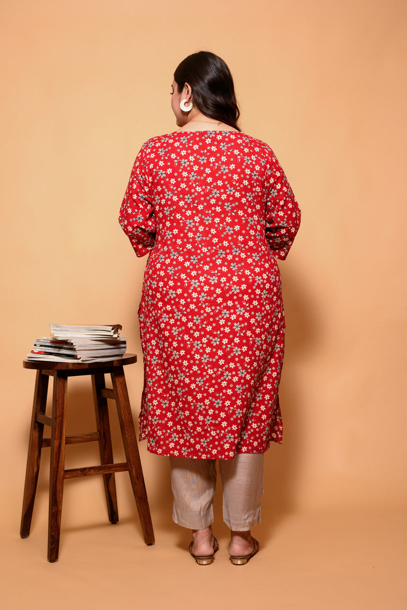 Red and White Small Floral Printed Cotton Kurti
