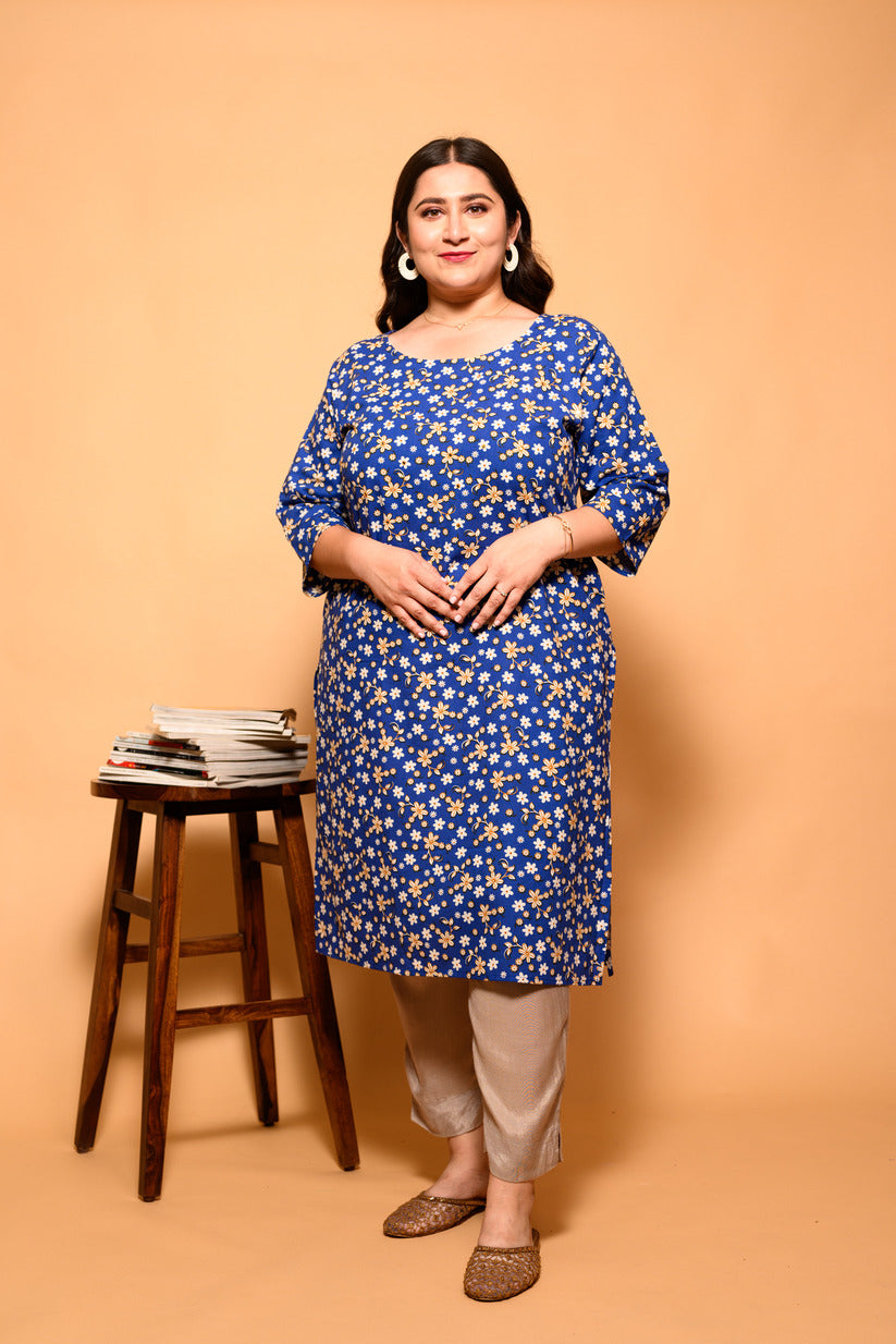 Blue and White Small Floral Printed Cotton Kurti