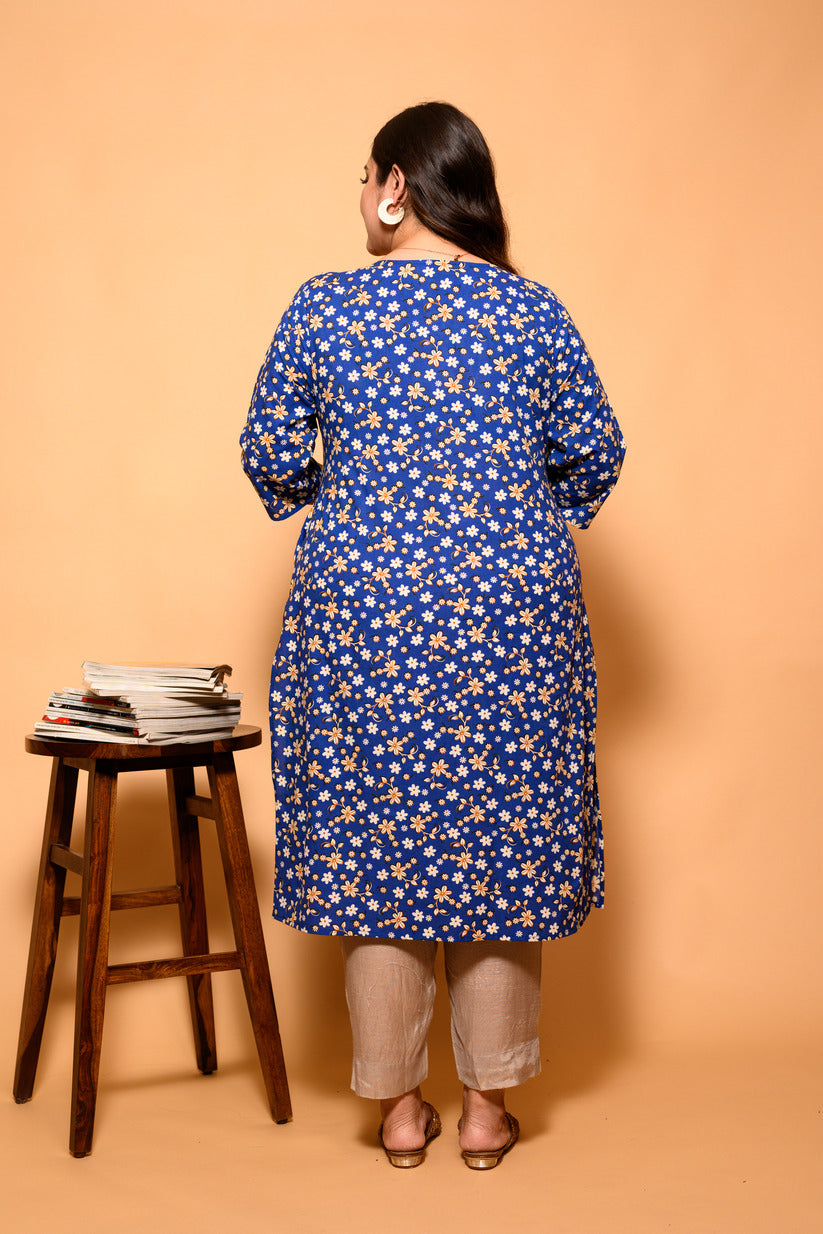 Blue and White Small Floral Printed Cotton Kurti