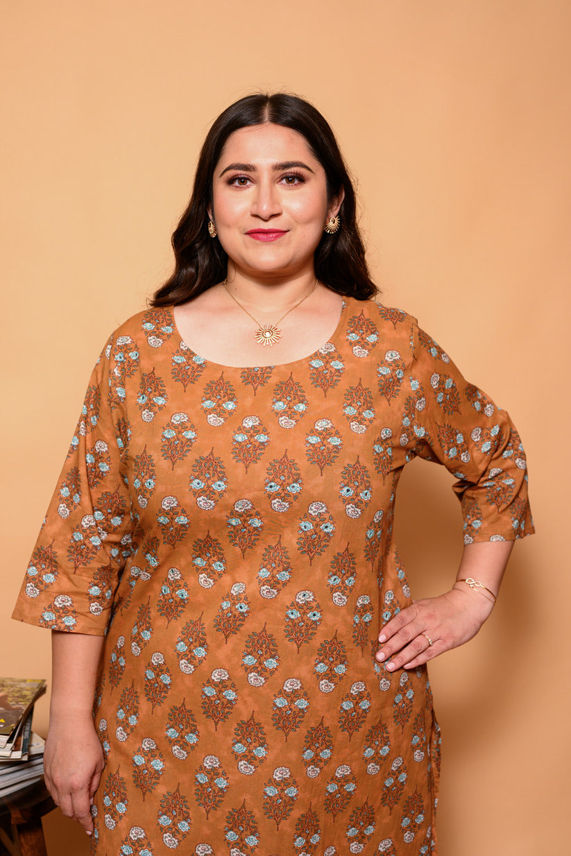 Brown and Sky Blue Small Floral Printed Cotton Kurti