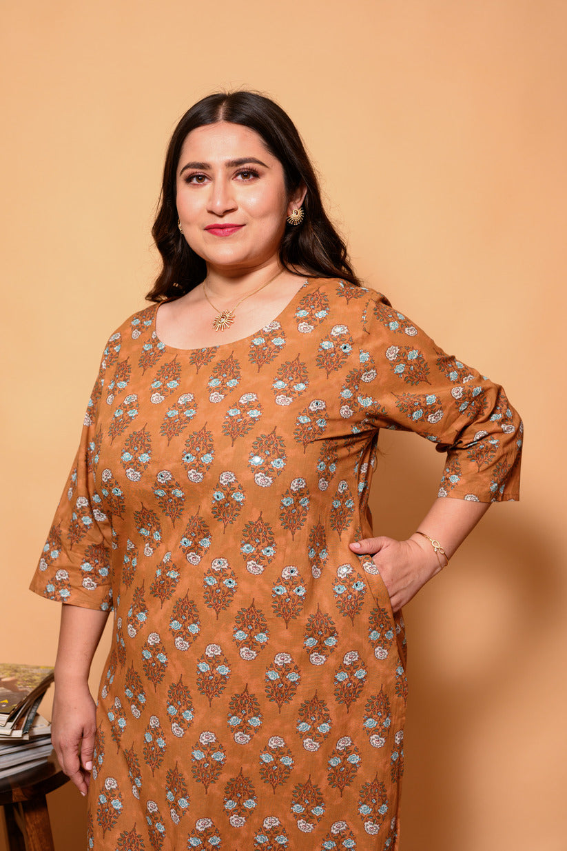 Brown and Sky Blue Small Floral Printed Cotton Kurti