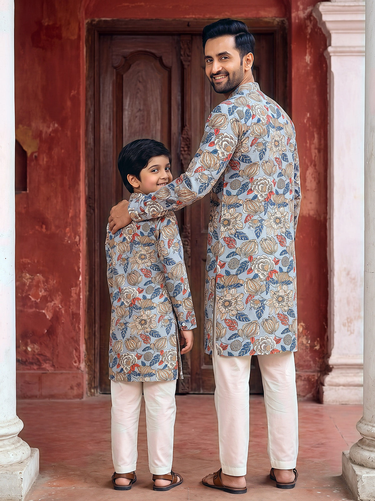 Back view of grey floral Baap Beta kurtas