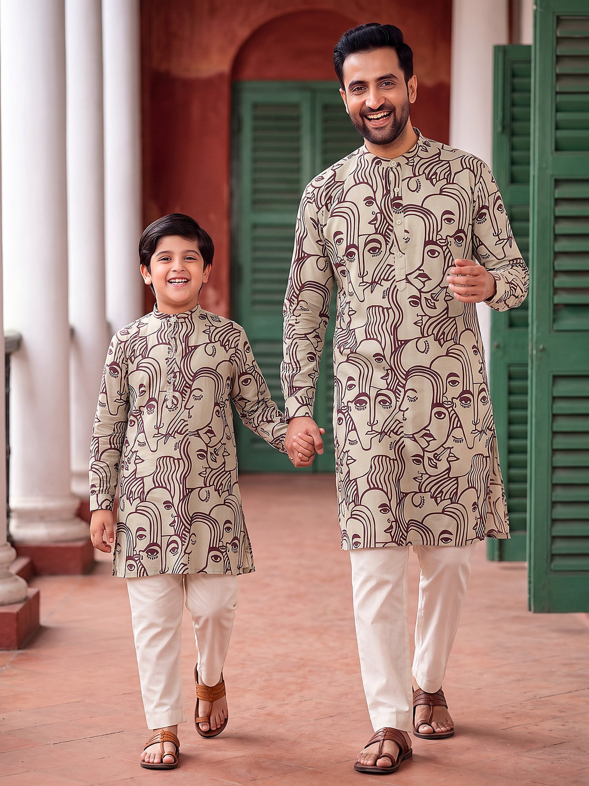 Baap Beta face art kurtas walking hand in hand