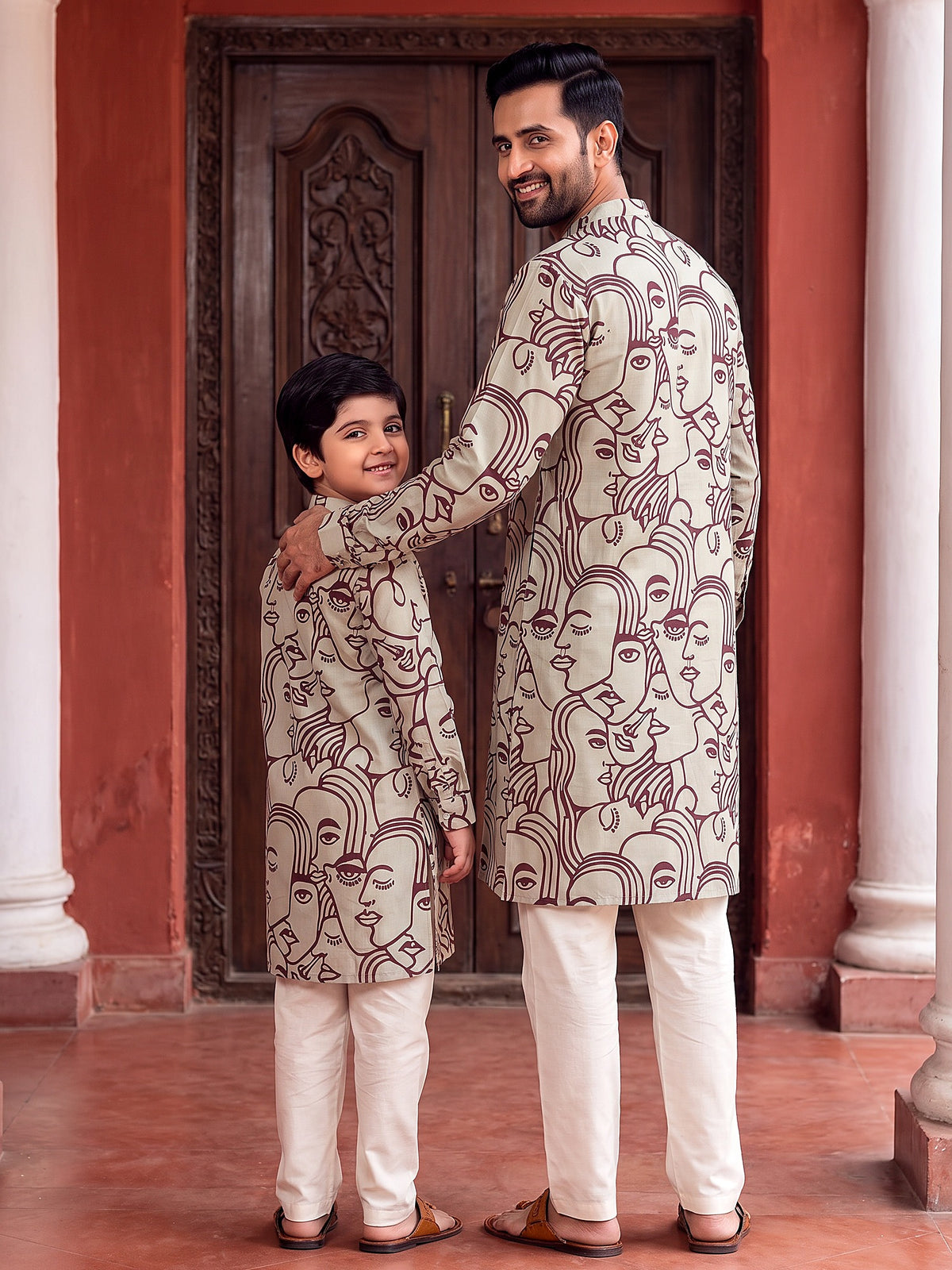Back view of maroon face art Baap Beta kurtas