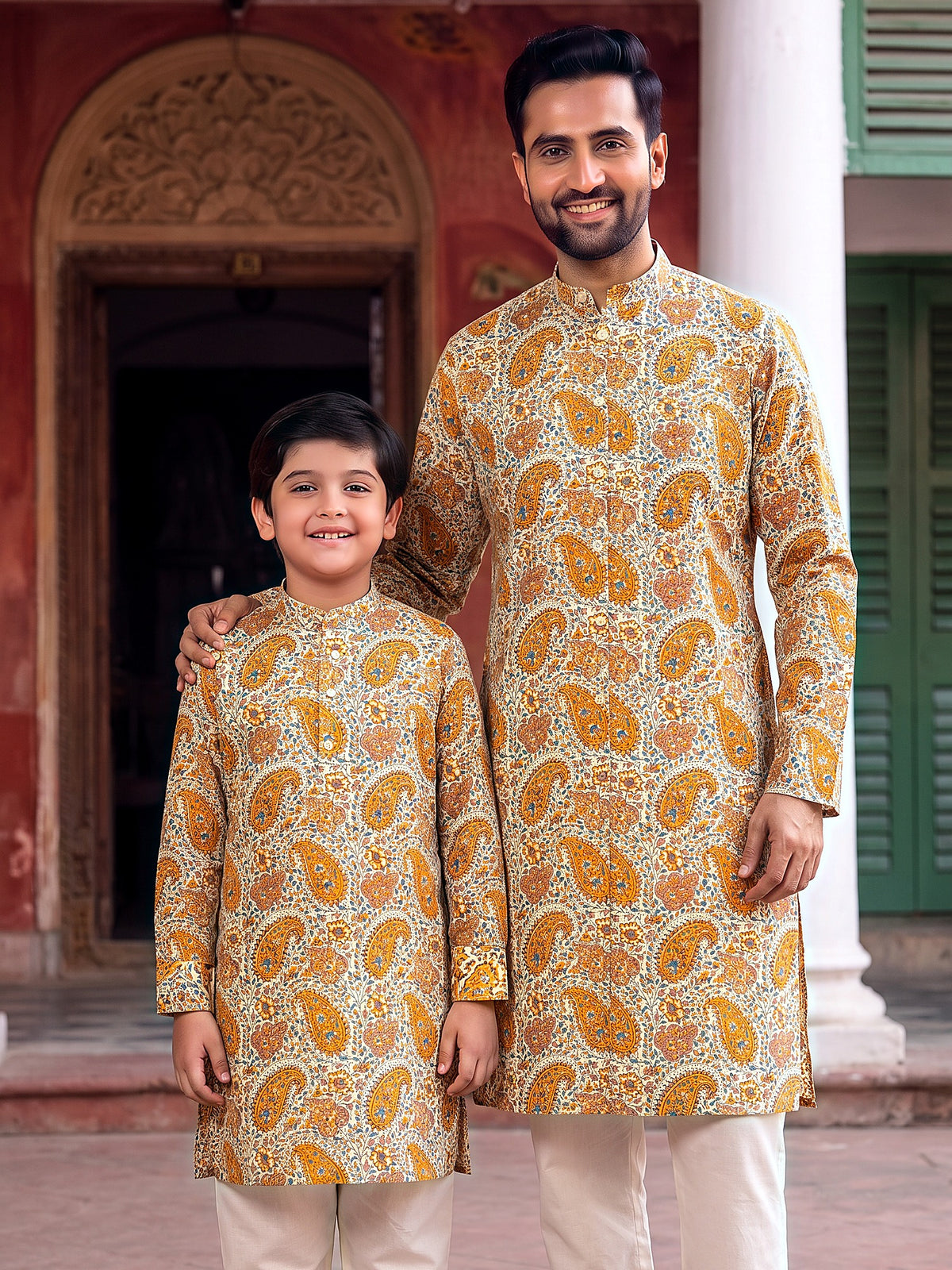 Baap Beta Collection by Gatim mustard yellow paisley father son kurta set, front
