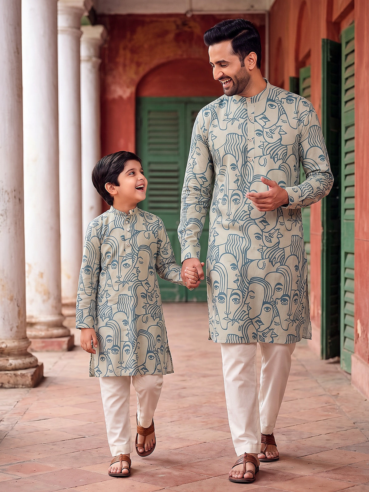 Baap Beta sky blue face art kurtas walking hand in hand