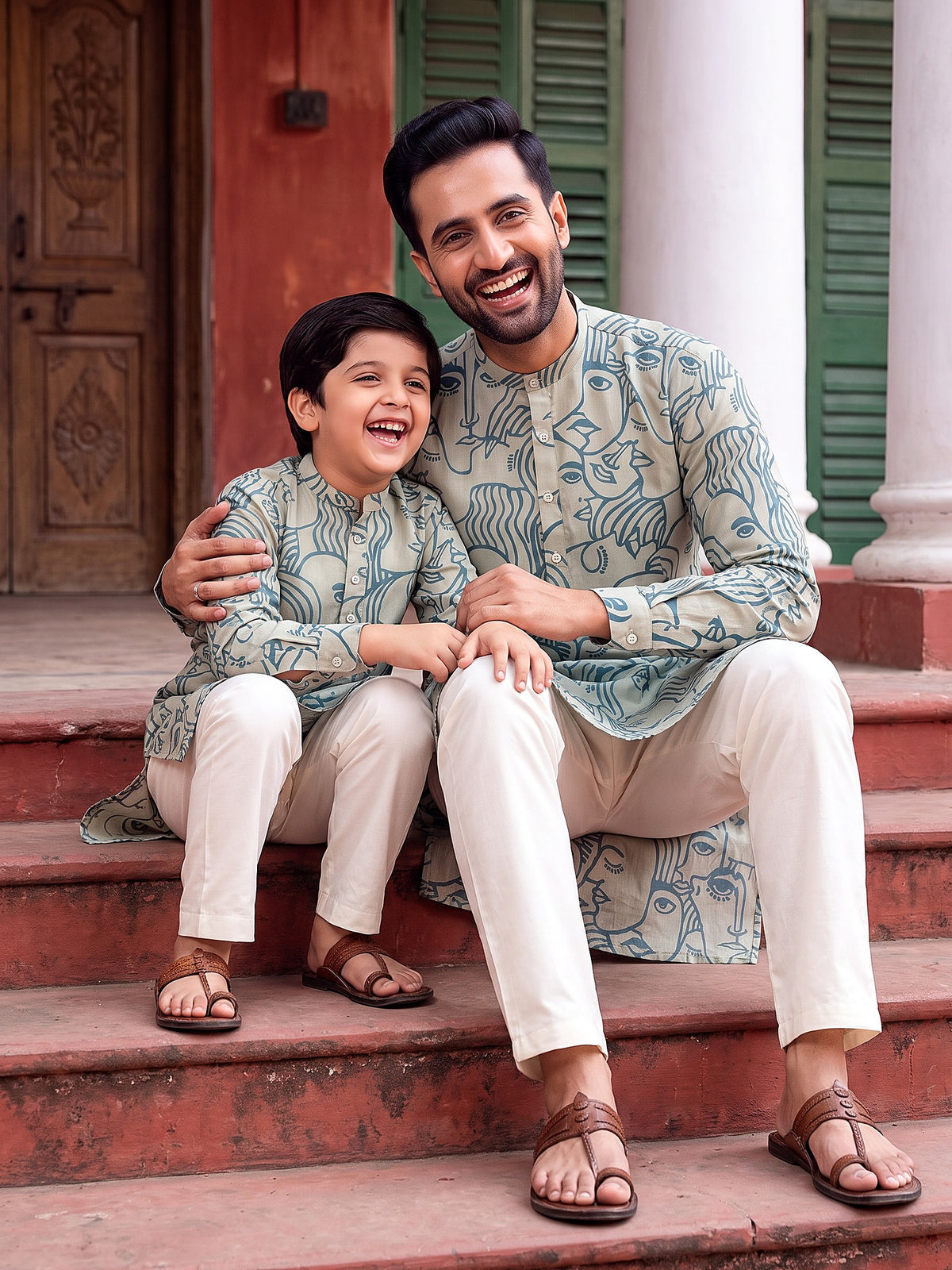 Father and son sitting on steps in matching face art kurtas