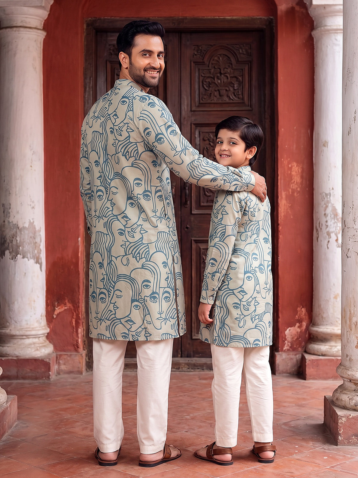Back view of sky blue face art Baap Beta kurtas