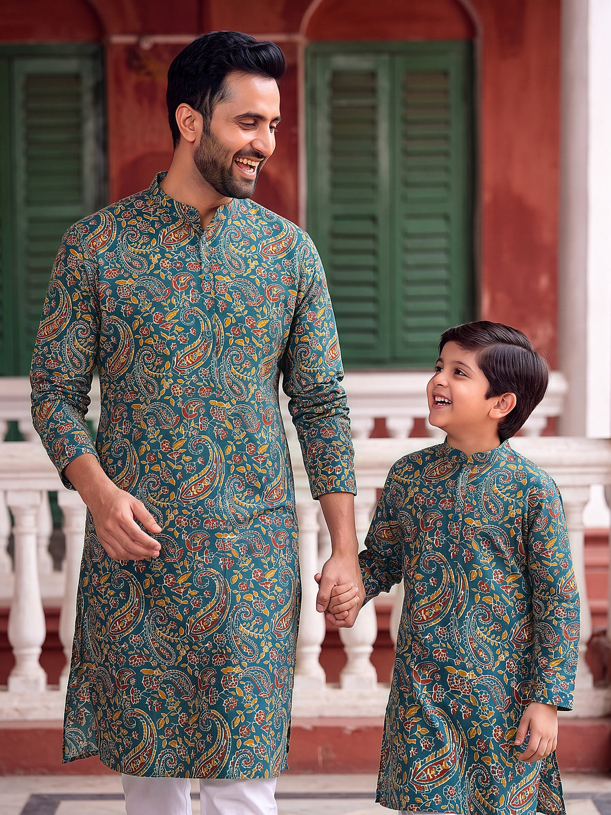 Baap Beta Collection by Gatim teal blue paisley father son kurta set, candid