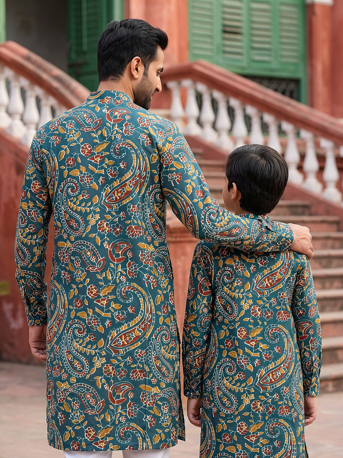 Baap Beta Collection by Gatim teal blue paisley father son kurta set, back view