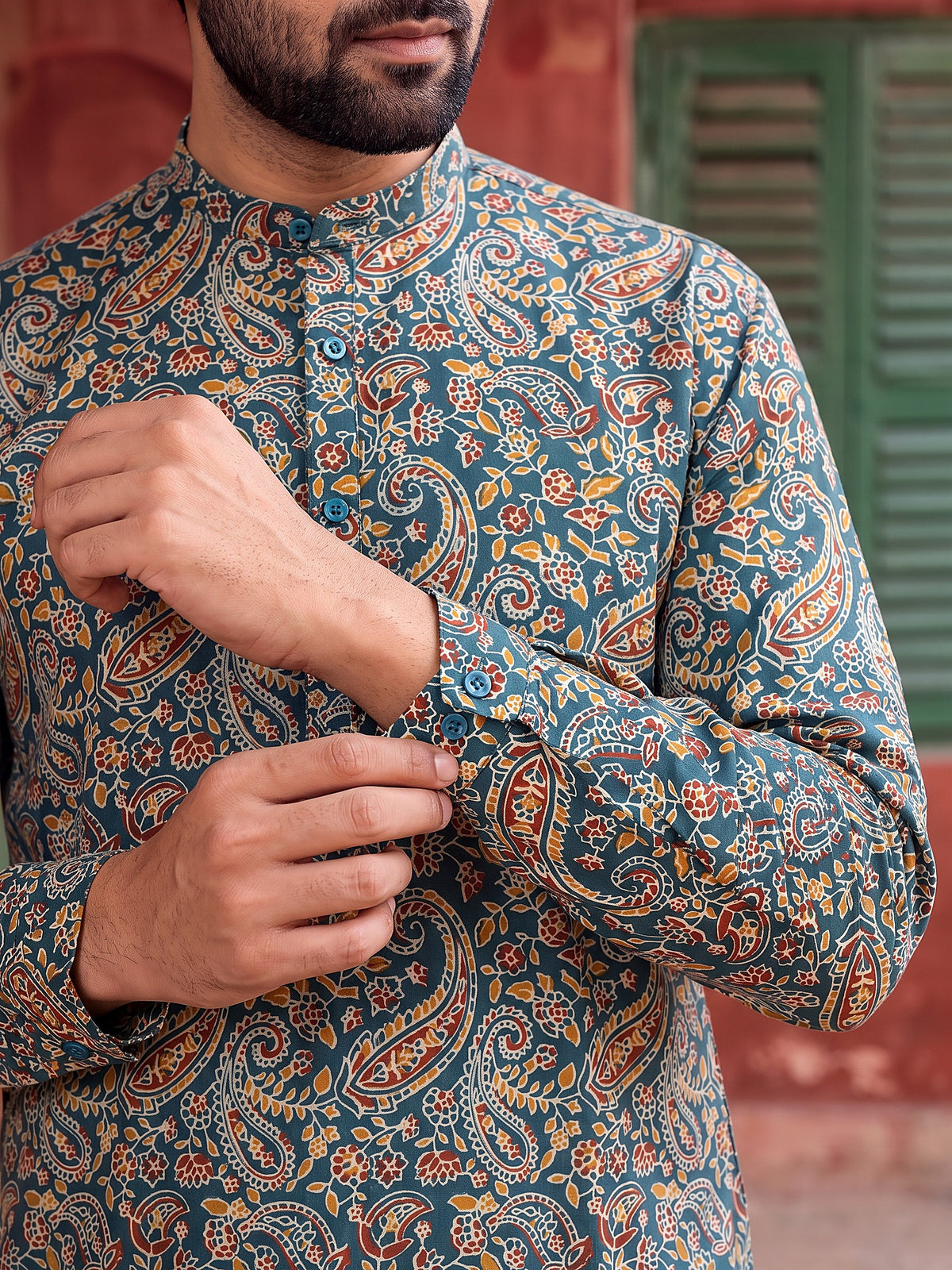 Baap Beta Collection by Gatim teal blue paisley kurta, collar and cuff detail