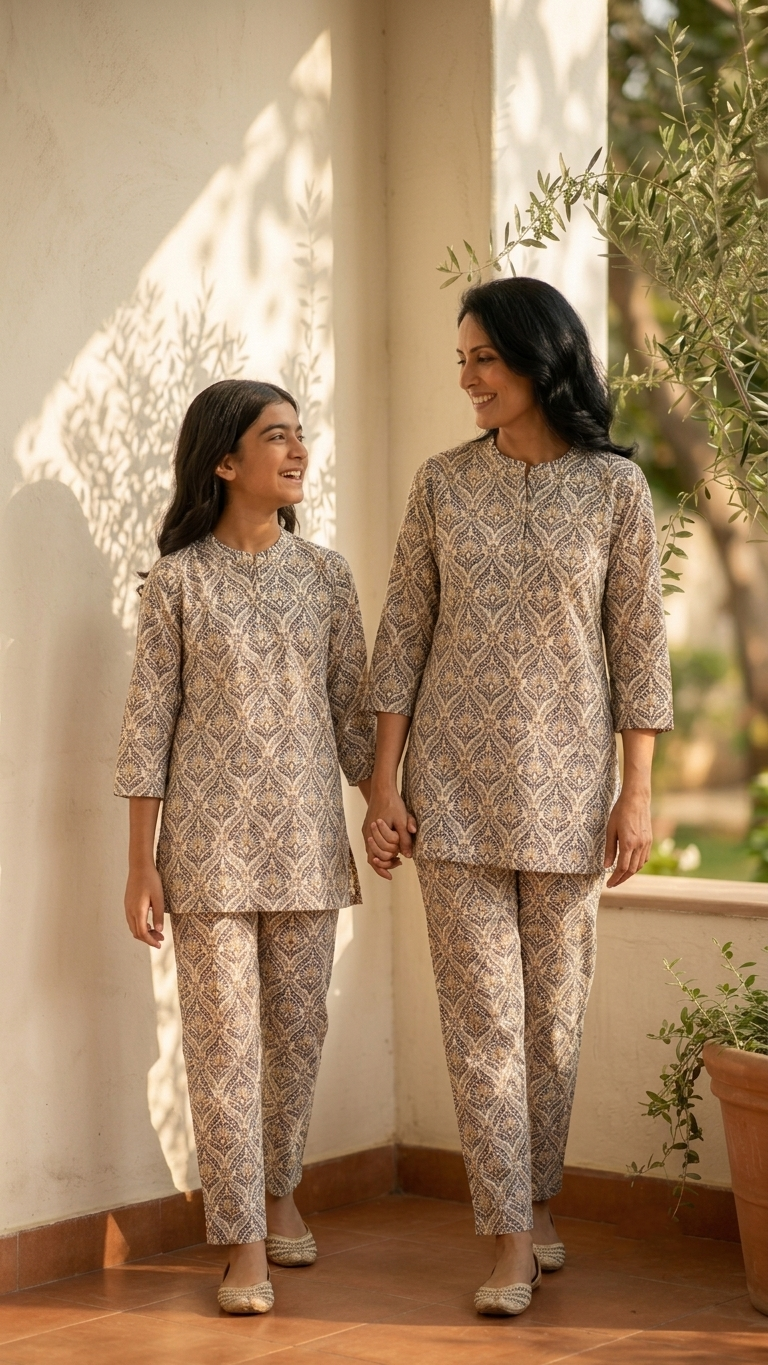 Traditional Sanganeri Block Ethnic Teardrop Motif Print Co-ord Set for Maa Beti Duo - Black and White
