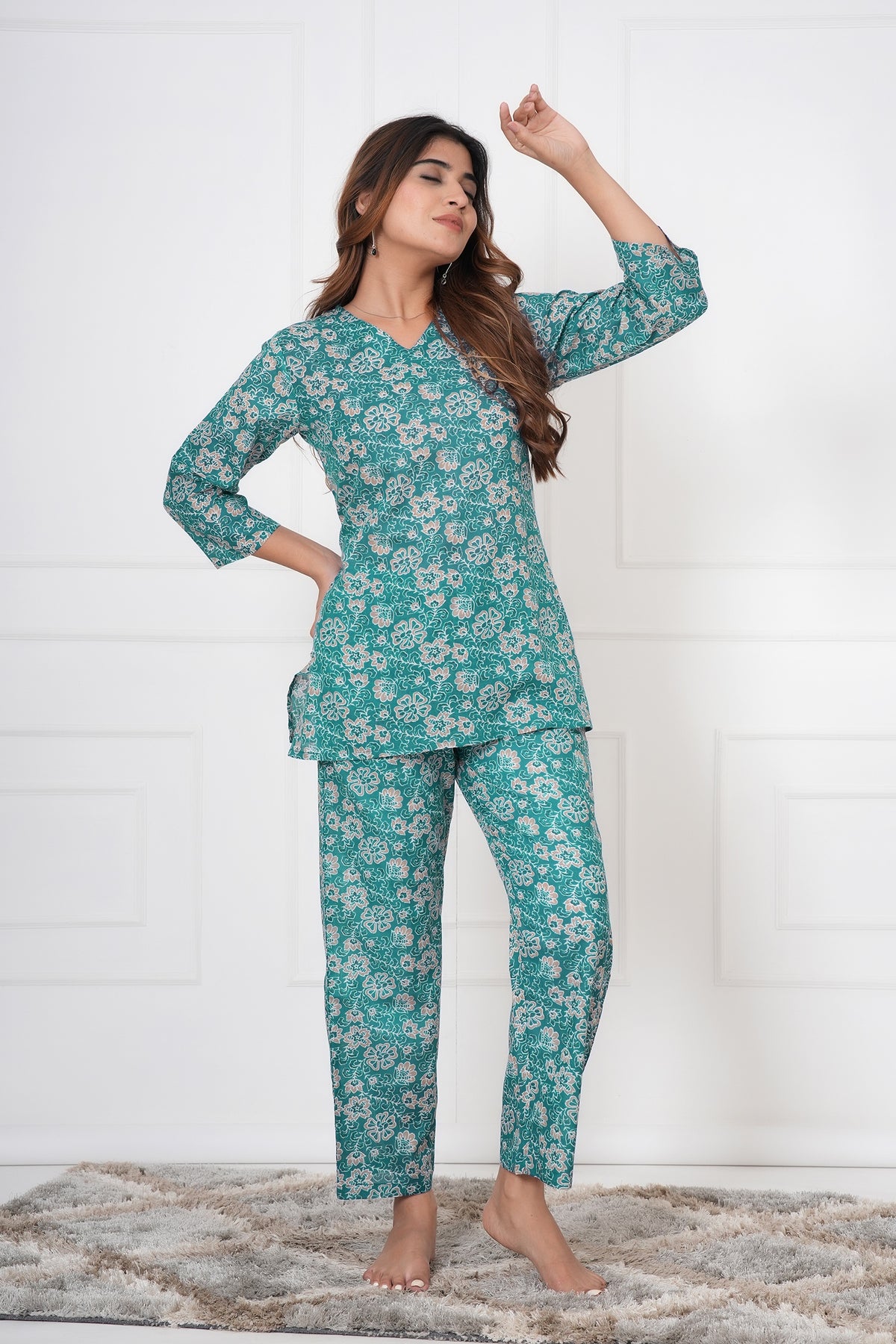 Blossom Floral Printed V-Neck Night Suit Set with Top & Pajama Pants - Green