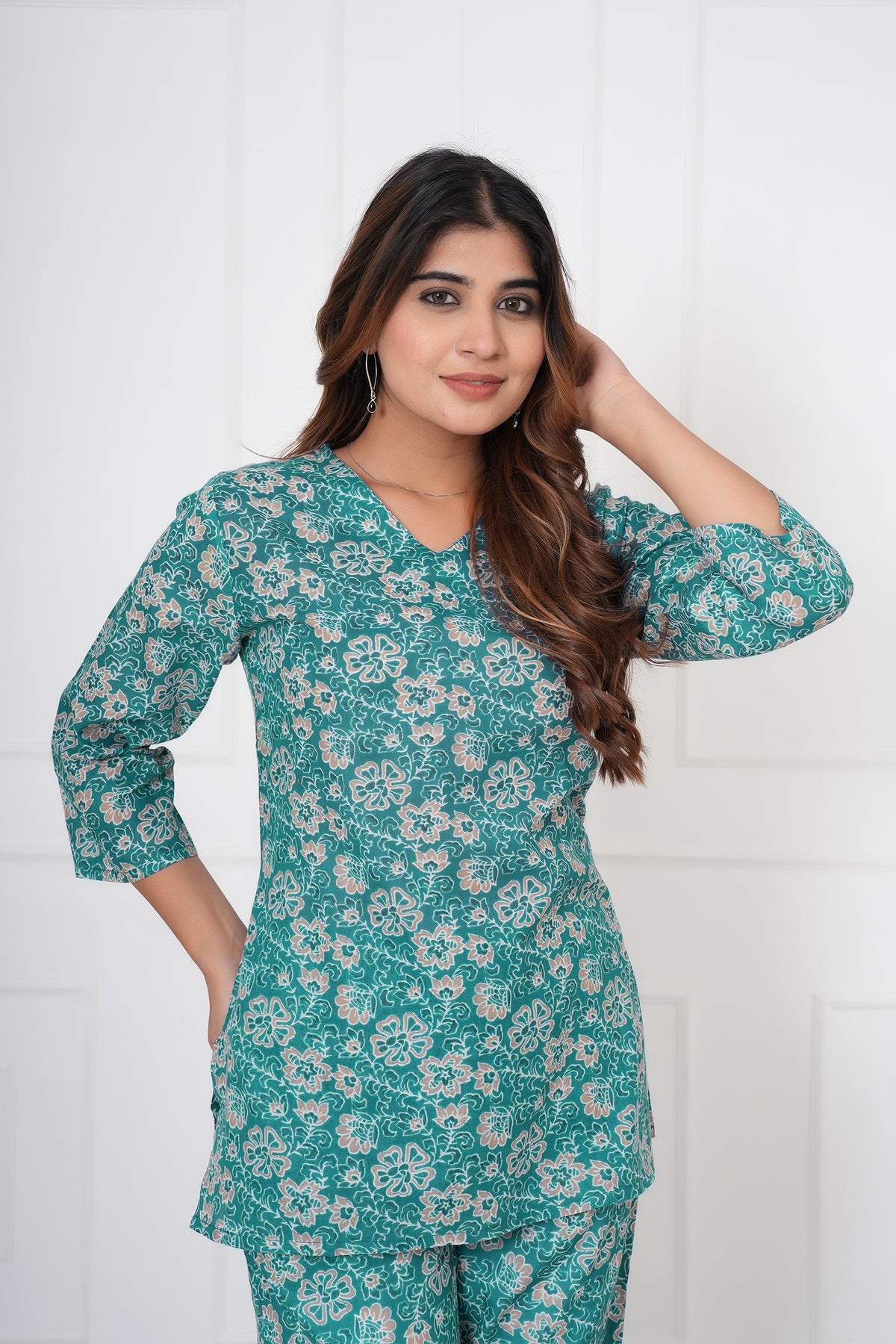 Blossom Floral Printed V-Neck Night Suit Set with Top & Pajama Pants - Green