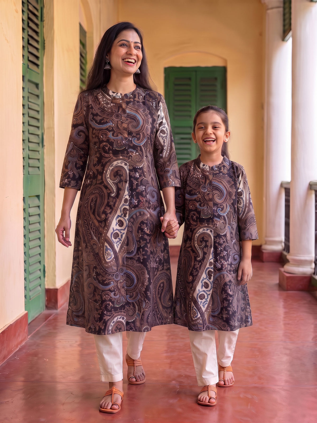 Detailed Traditional Black Paisley Floral Buti Printed Cotton Kurti for Maa - Black