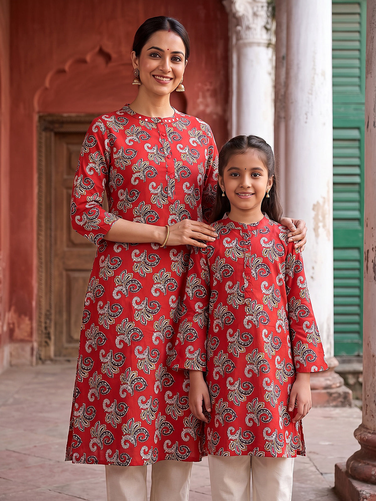 Mother and daughter in matching bold red printed kurtis