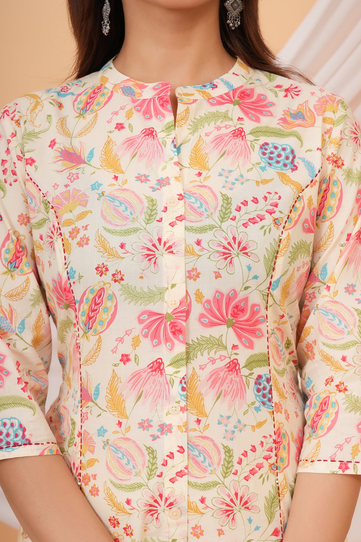 Close-up of the mandarin collar and multicolour floral print