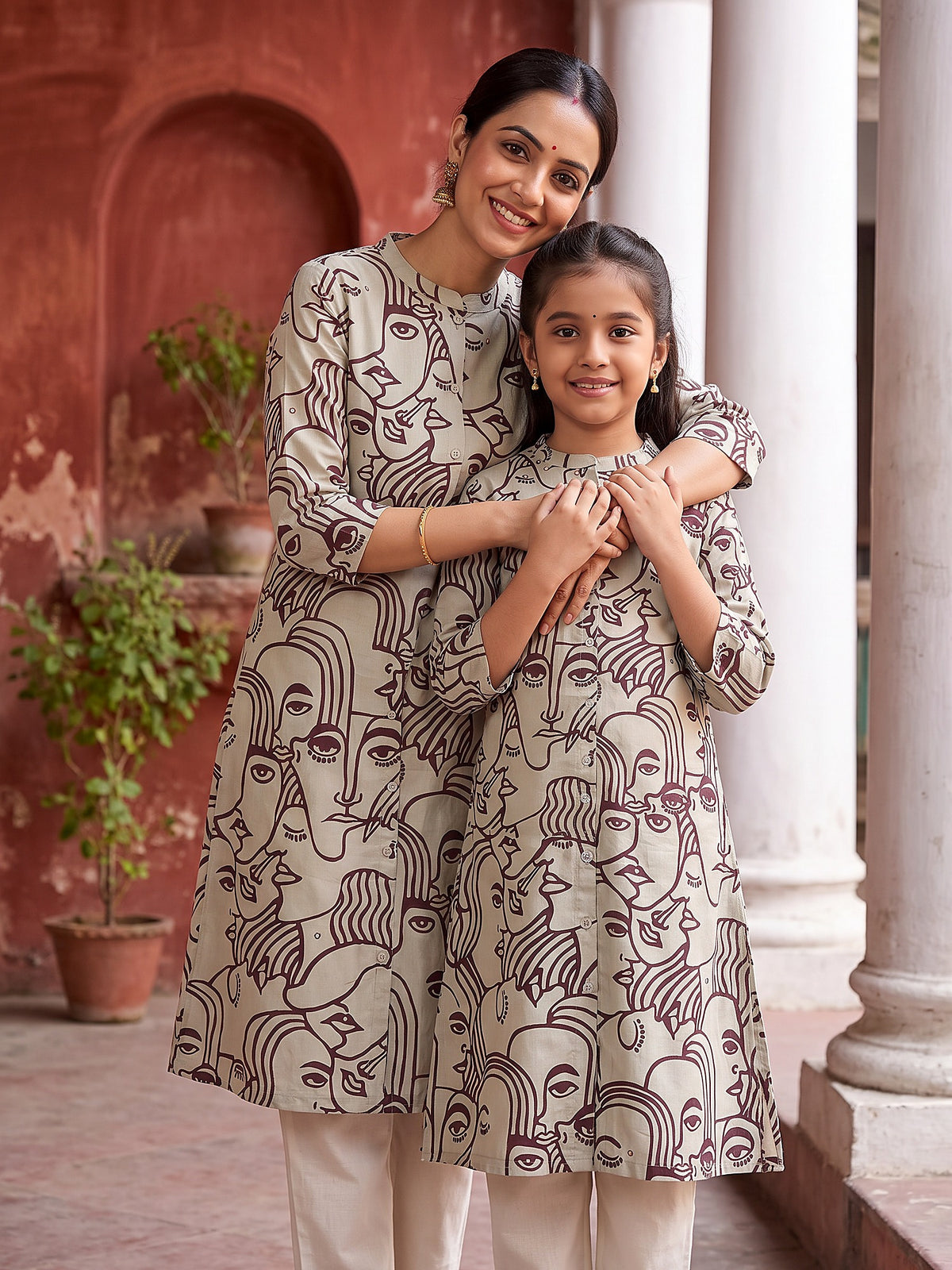 Mother hugging daughter in matching face art kurtis