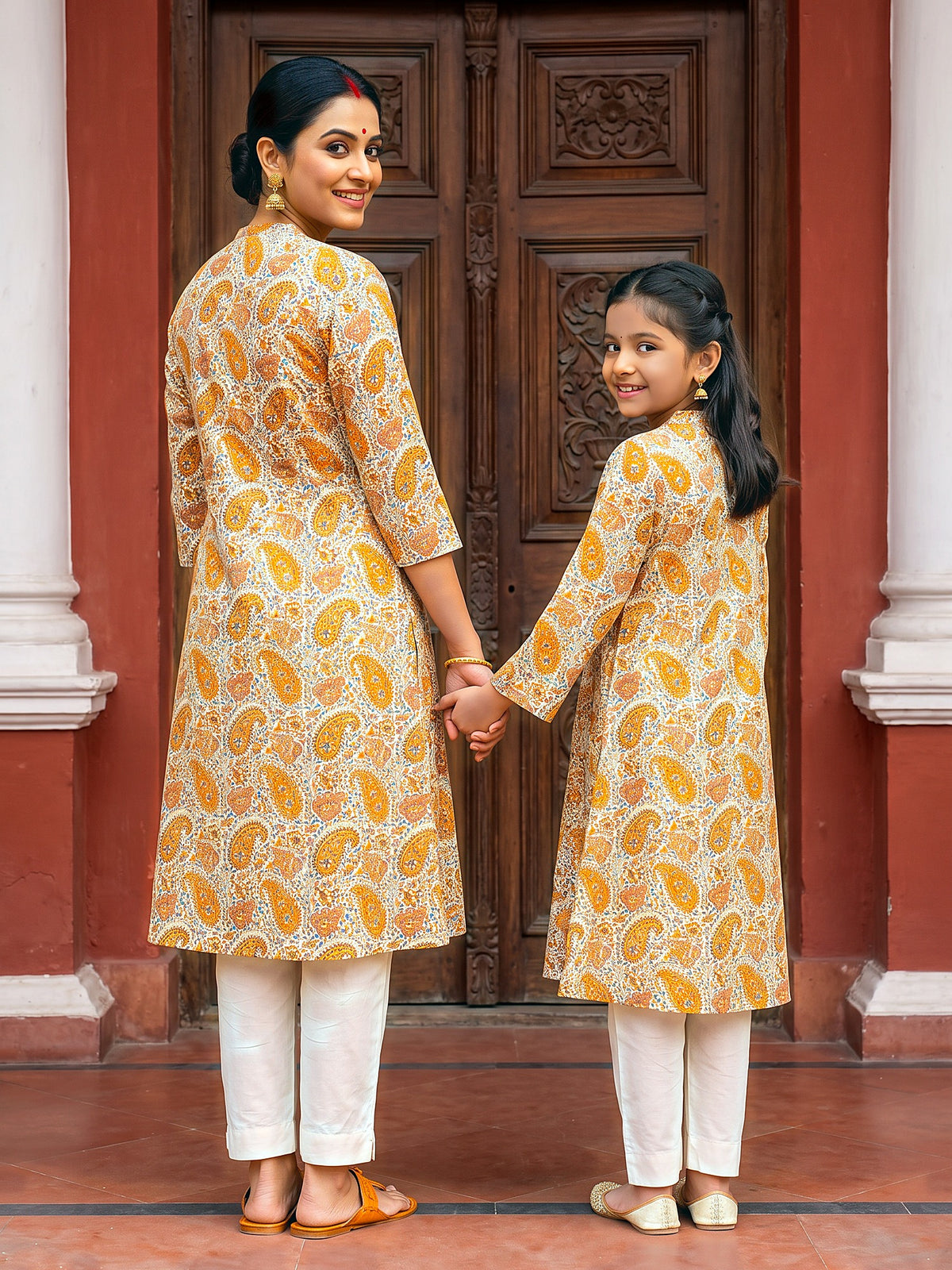 Maa Beti Collection by Gatim mustard yellow paisley mother daughter kurti set, back view