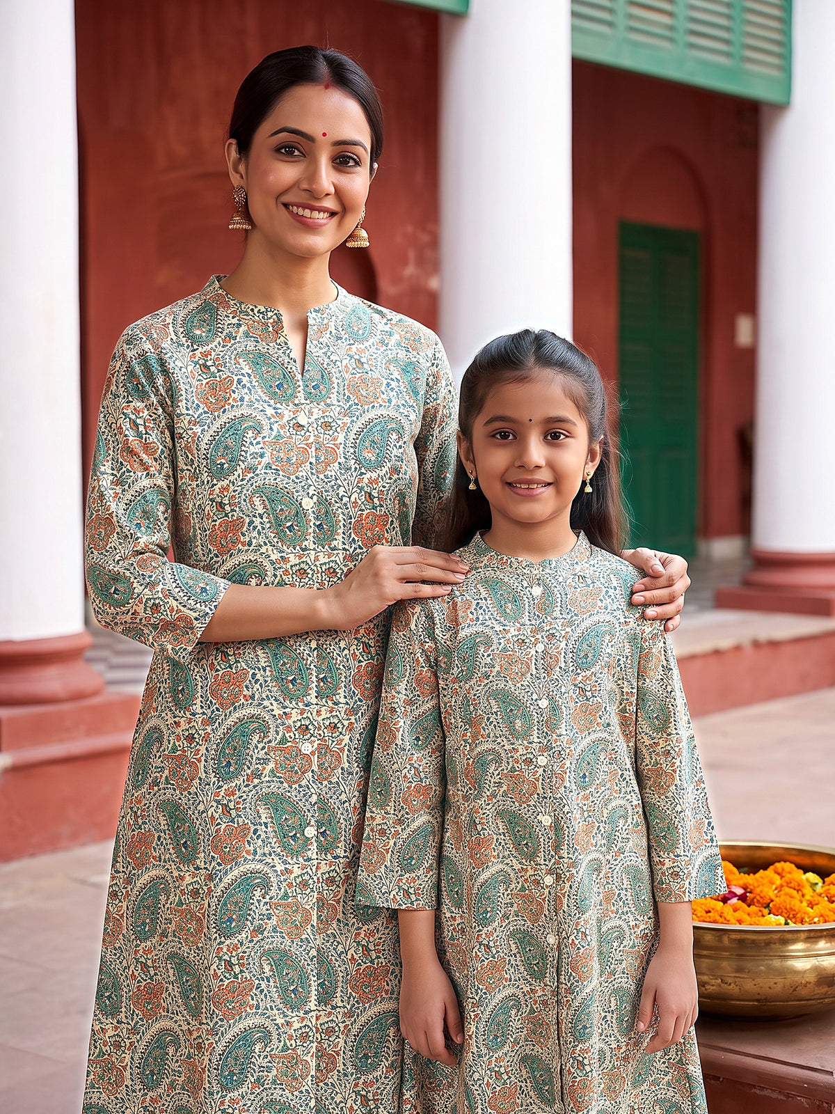 Detailed Traditional Paisley Floral Buti Printed Cotton Kurti for Maa - Green & Off White