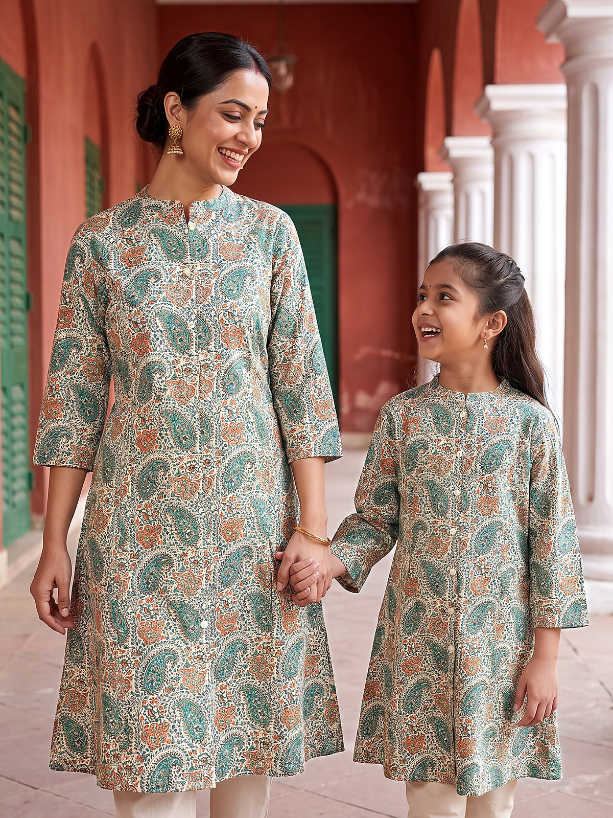 Detailed Traditional Paisley Floral Buti Printed Cotton Kurti for Beti - Green & Off White
