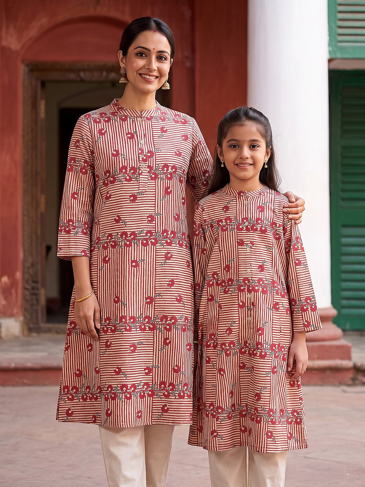 Mother and daughter in matching red stripe floral kurtis
