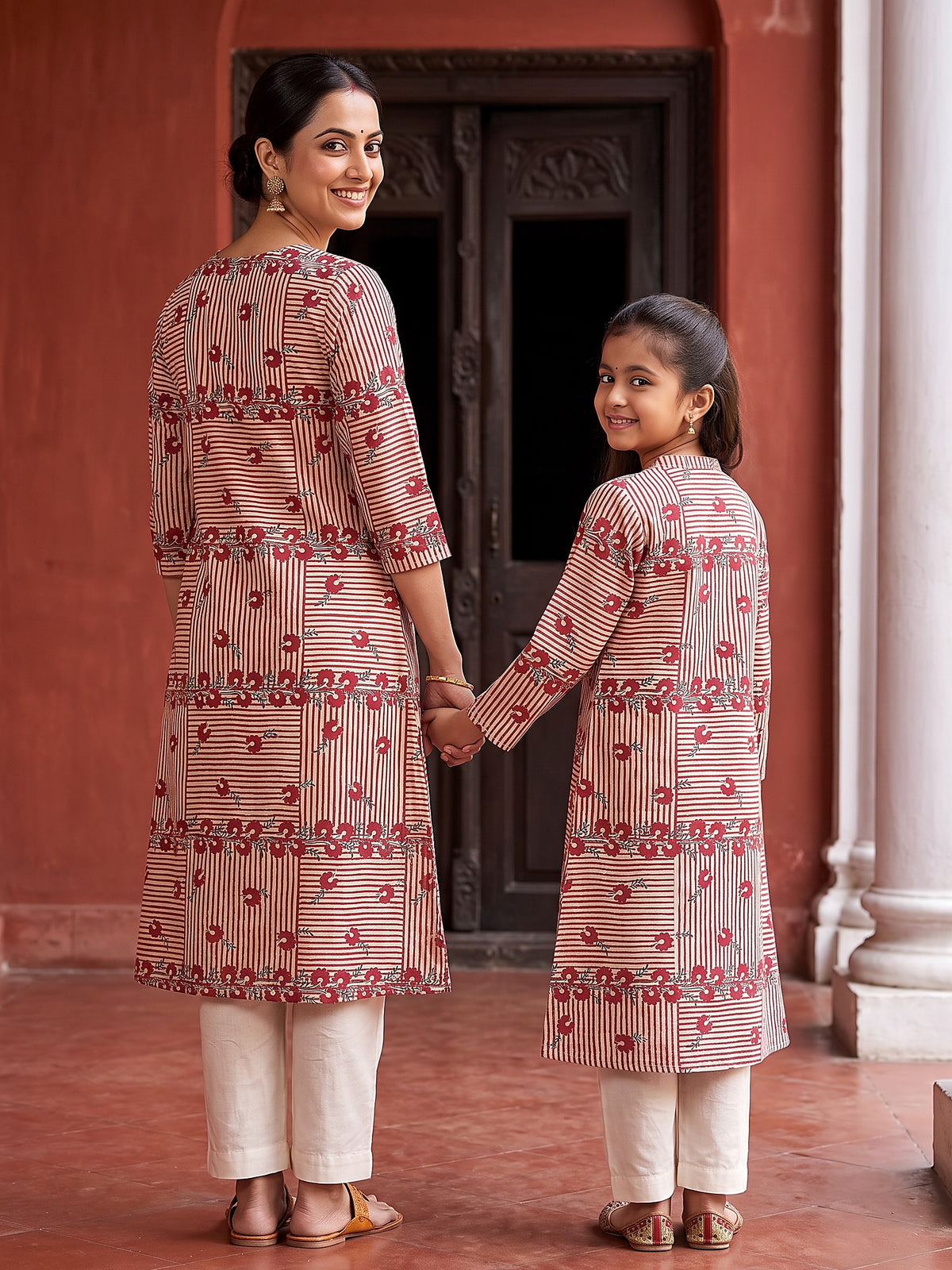 Back view of red stripe Maa Beti kurtis