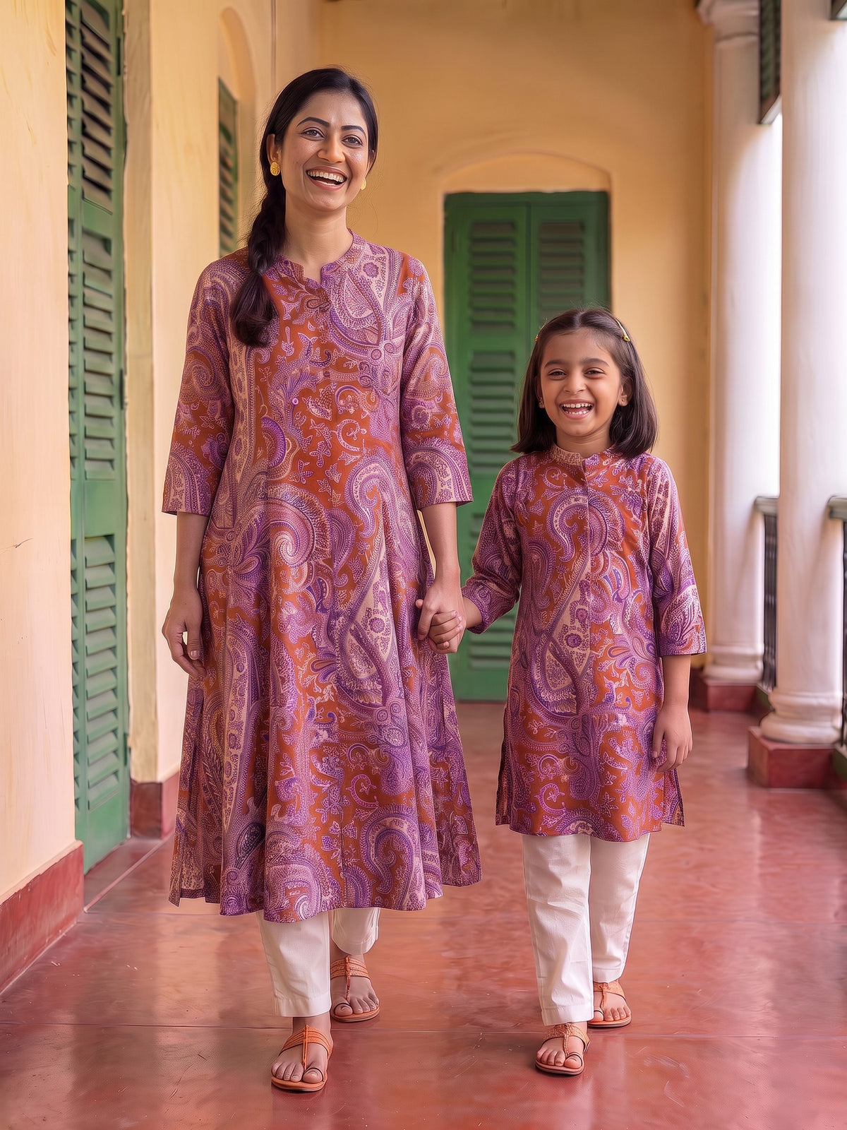 Detailed Traditional Brown Paisley Floral Buti Printed Cotton Kurti for Maa Beti Duo - Brown