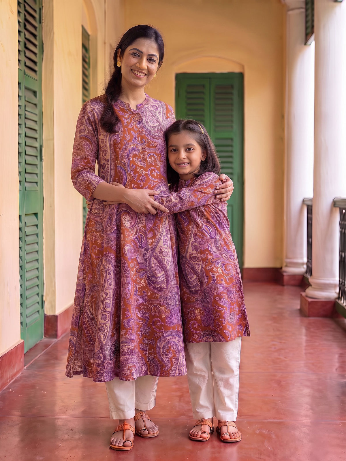 Detailed Traditional Brown Paisley Floral Buti Printed Cotton Kurti for Maa Beti Duo - Brown