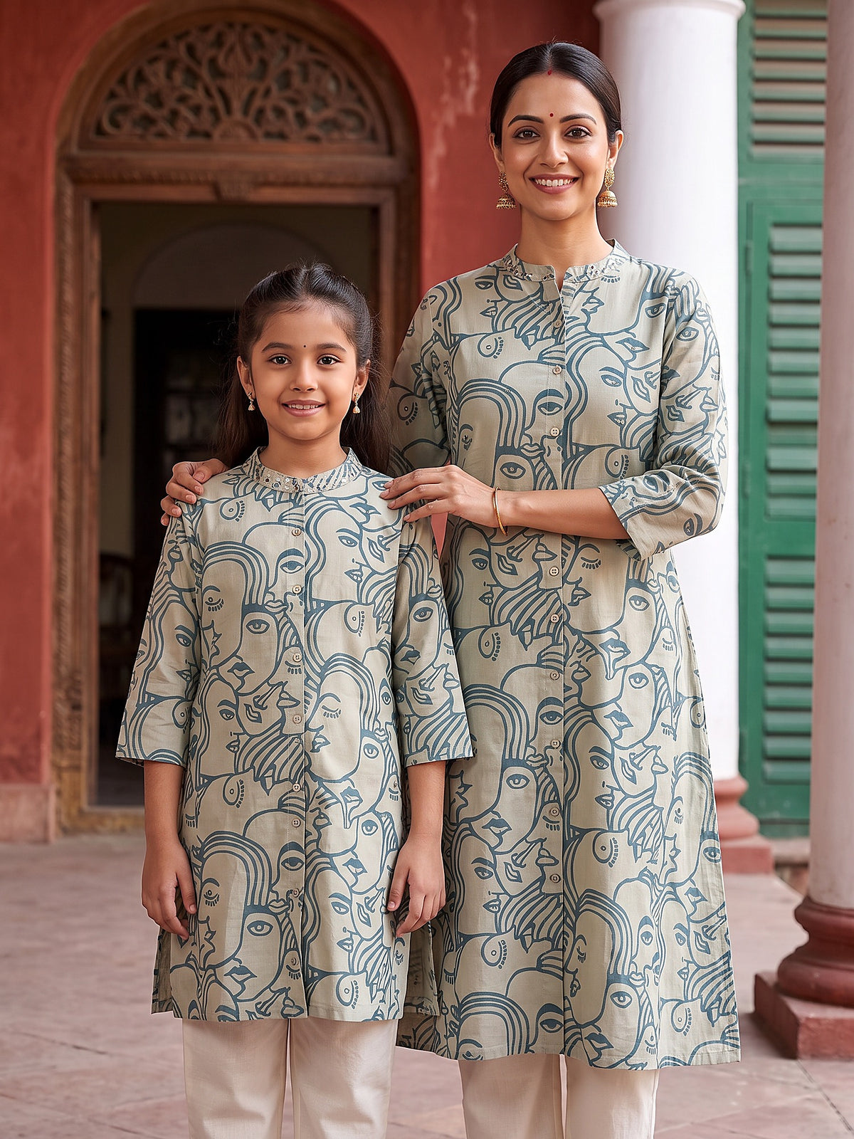 Mother and daughter in matching sky blue face art printed kurtis