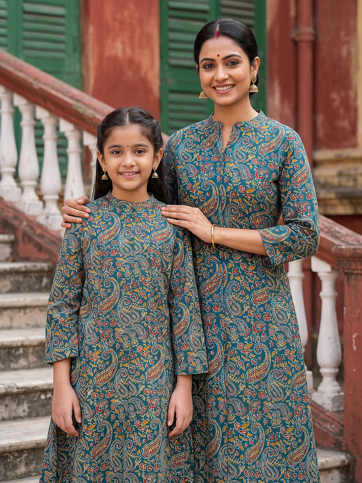 Maa Beti Collection by Gatim teal blue paisley mother daughter kurti set, front