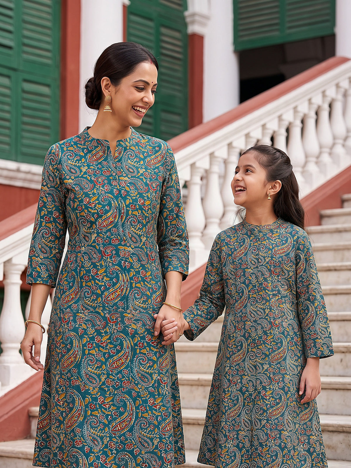 Maa Beti Collection by Gatim teal blue paisley mother daughter kurti set, candid