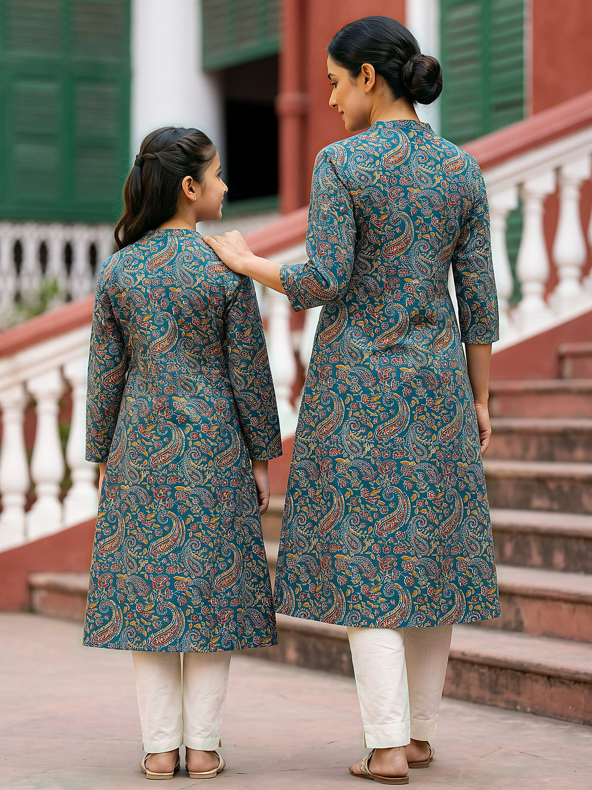 Maa Beti Collection by Gatim teal blue paisley mother daughter kurti set, back view