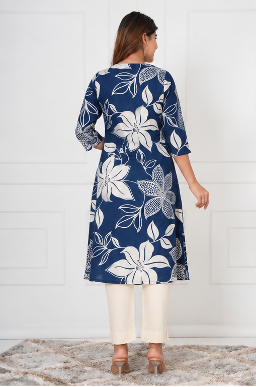 Bold Floral Printed Women Cotton Kurti - Navy Blue