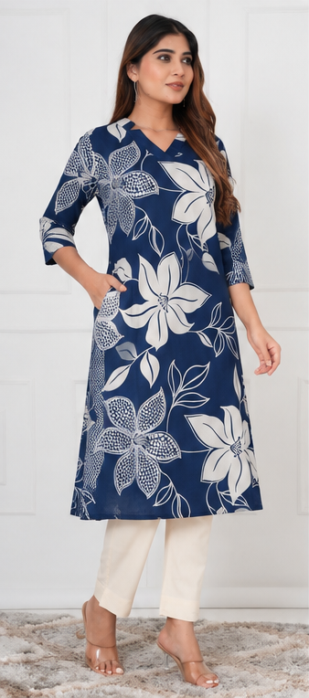 Bold Floral Printed Women Cotton Kurti - Navy Blue