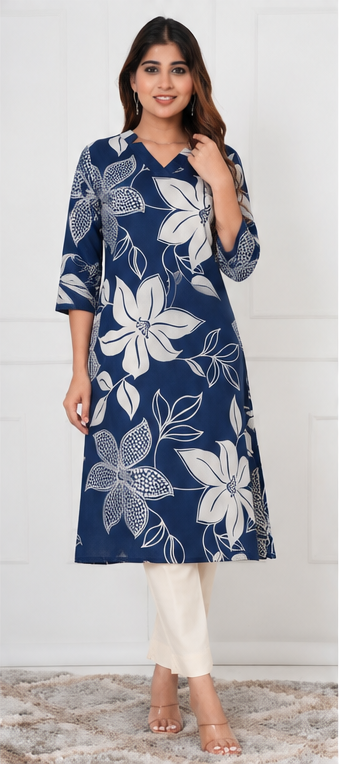 Bold Floral Printed Women Cotton Kurti - Navy Blue