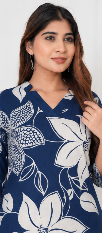 Bold Floral Printed Women Cotton Kurti - Navy Blue