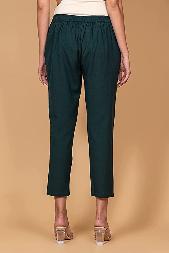 Bottle Green Cotton Straight Pant