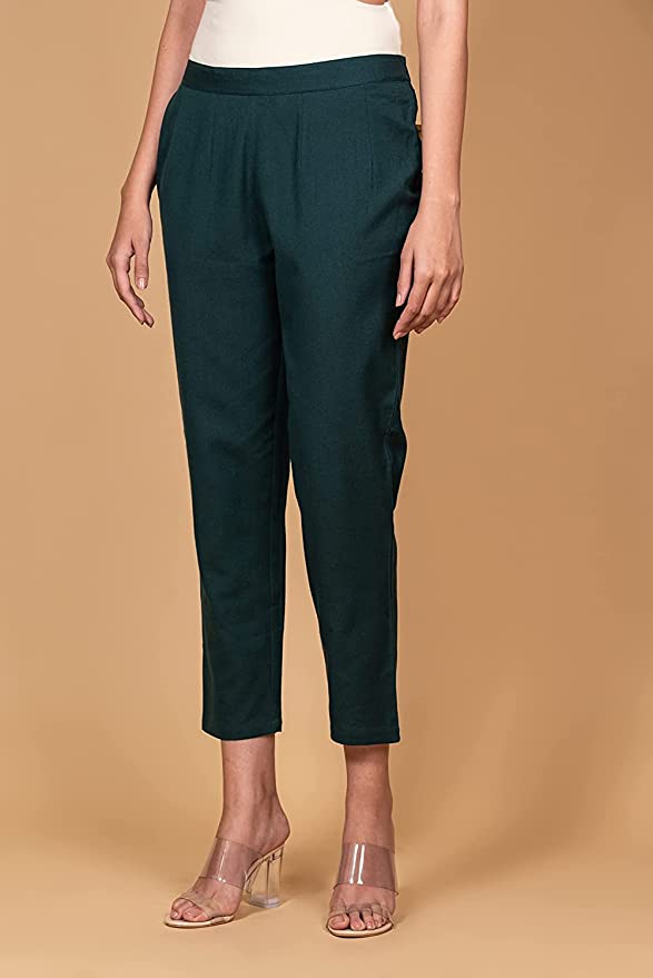 Bottle Green Cotton Straight Pant