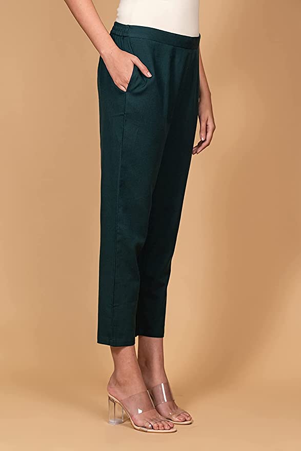 Bottle Green Cotton Straight Pant