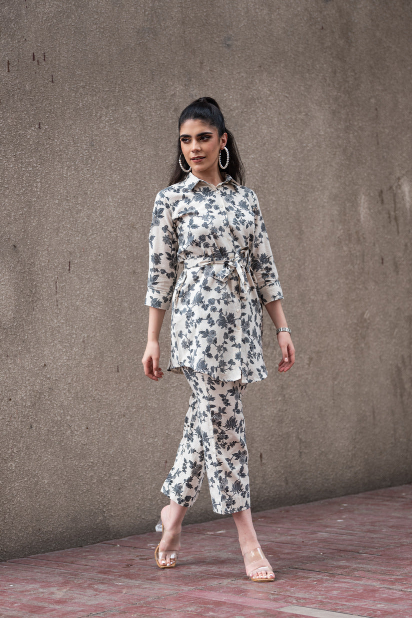 Grey with White Floral printed Cotton Co-Ord Set